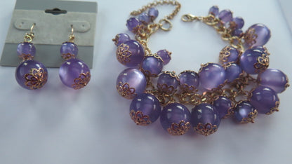 Purple Jewelry Set: Bracelet &  Earring/ Purple Cluster Bracelet with Matching Earring/ Purple Jewelry