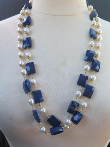 Extra Long Necklace, Earring and Bracelet Set/ Pearl Blue Jewelry Set