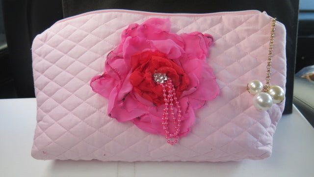 Large pink flower makeup storage and toiletry bag for women