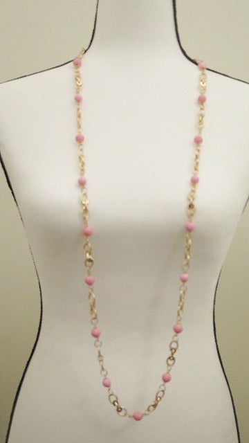 Long gold and pink chain necklace for women