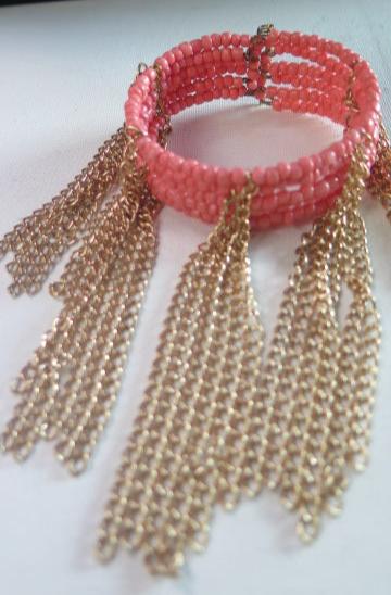 Peach pink fringe seed bead cuff bracelet for women