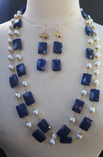 Pearl Blue Long Necklace, Earring and Bracelet