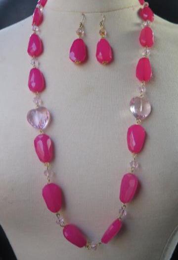 Long Pink Necklace and matching Earring