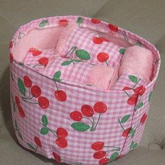 Pink red cherry fabric kitchen basket and matching towel set