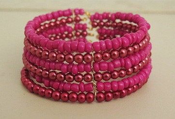 Pink red fuchsia seed bead cuff bracelet for women