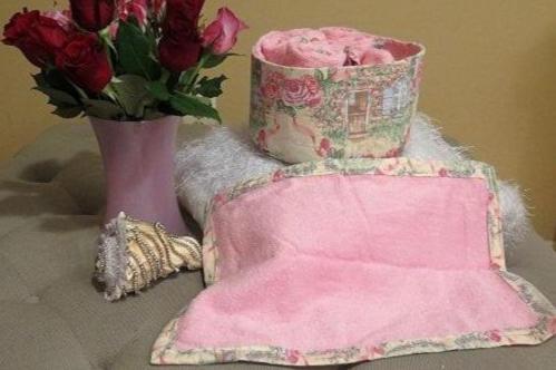Pink rose storage kitchen basket and matching towel set