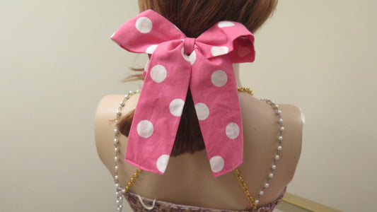 Pink and white polka dot bow scrunchie for women
