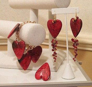 Red heart Jewelry Set: Bracelet, ring and earring