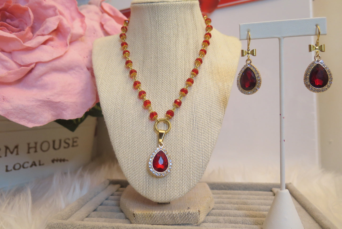 red Beads necklace and earrings set