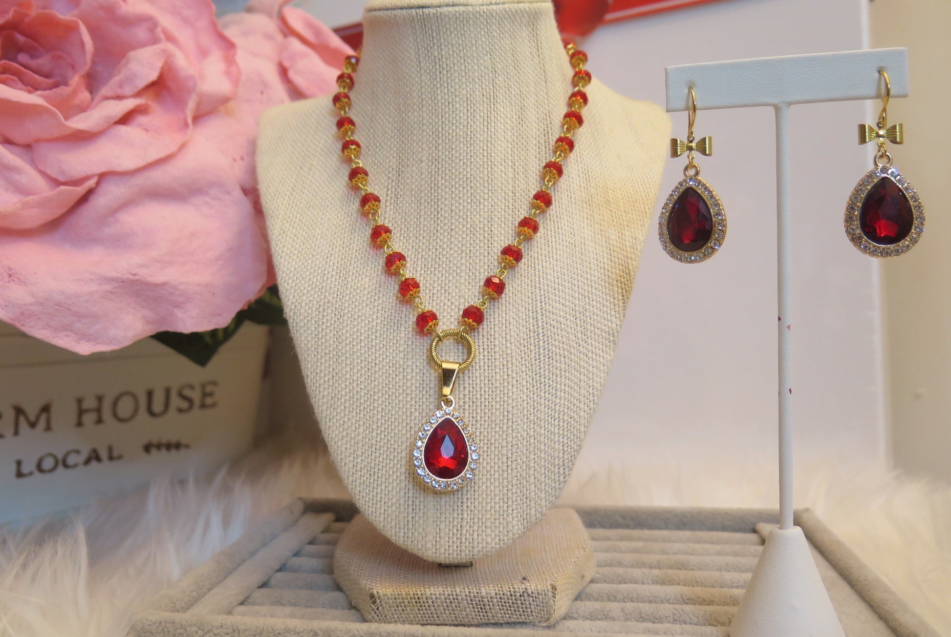 red Beads necklace and earrings set