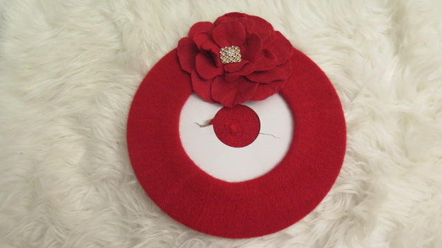 Red Large Flower French Wool Beret for Women