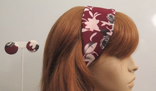 Red floral fabric headband and matching earring set for women