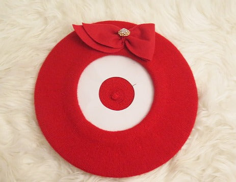 Red double bow French beret for women