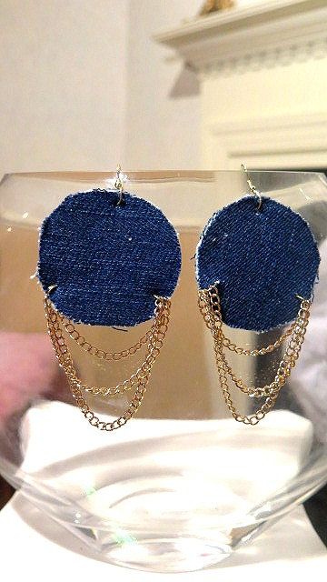 Denim Earring/ Round Denim  Earring With Chain