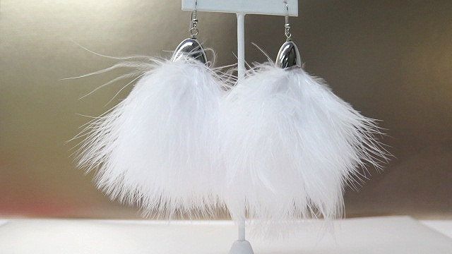 silver white fluffy feather earring