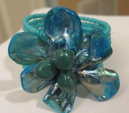 Blue flower seed bead cuff bracelet for women