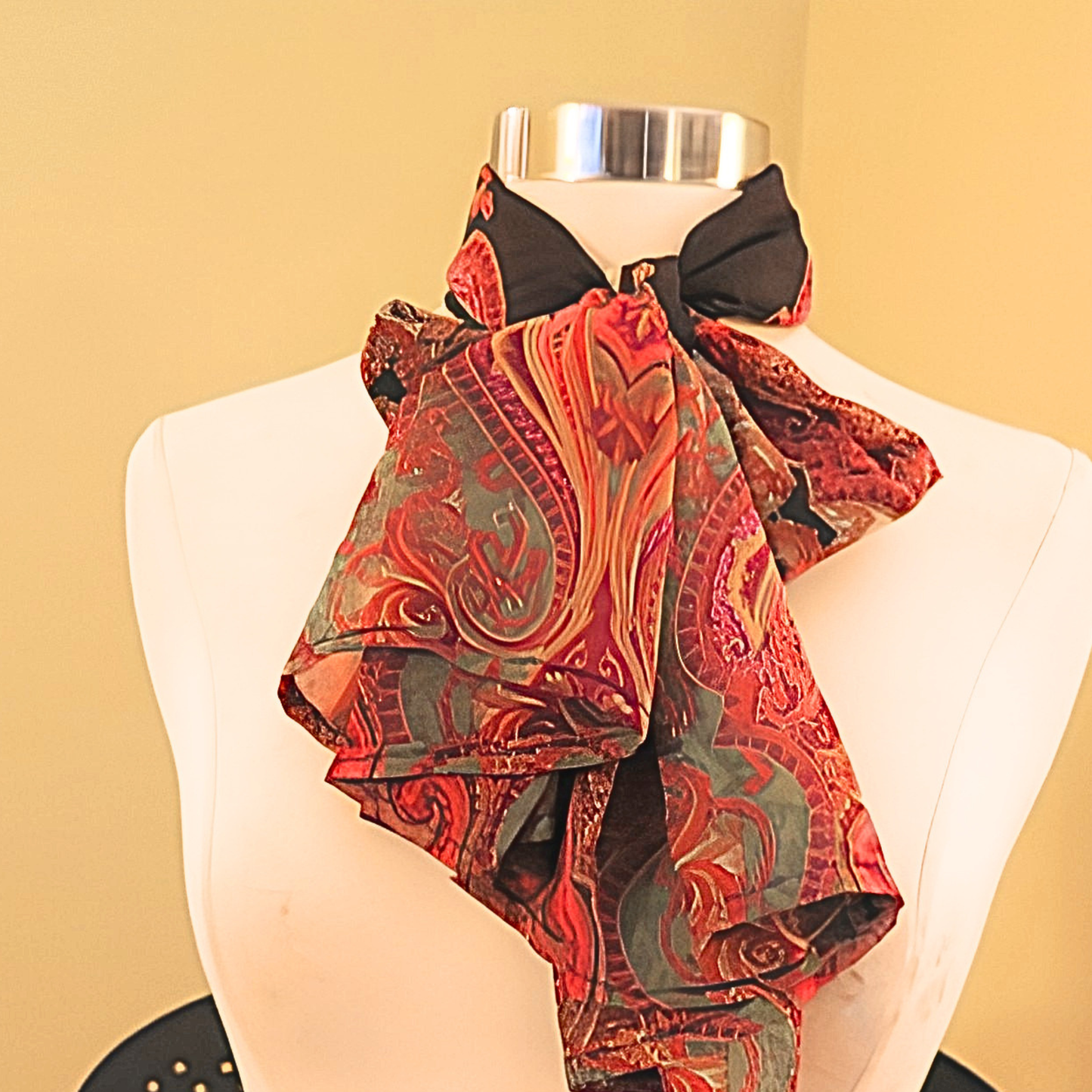 Women's Black Red Paisley Chiffon Scarf & Headband Set | Boho Art Nouveau Print | One Size Fits All Luxury Accessory Set