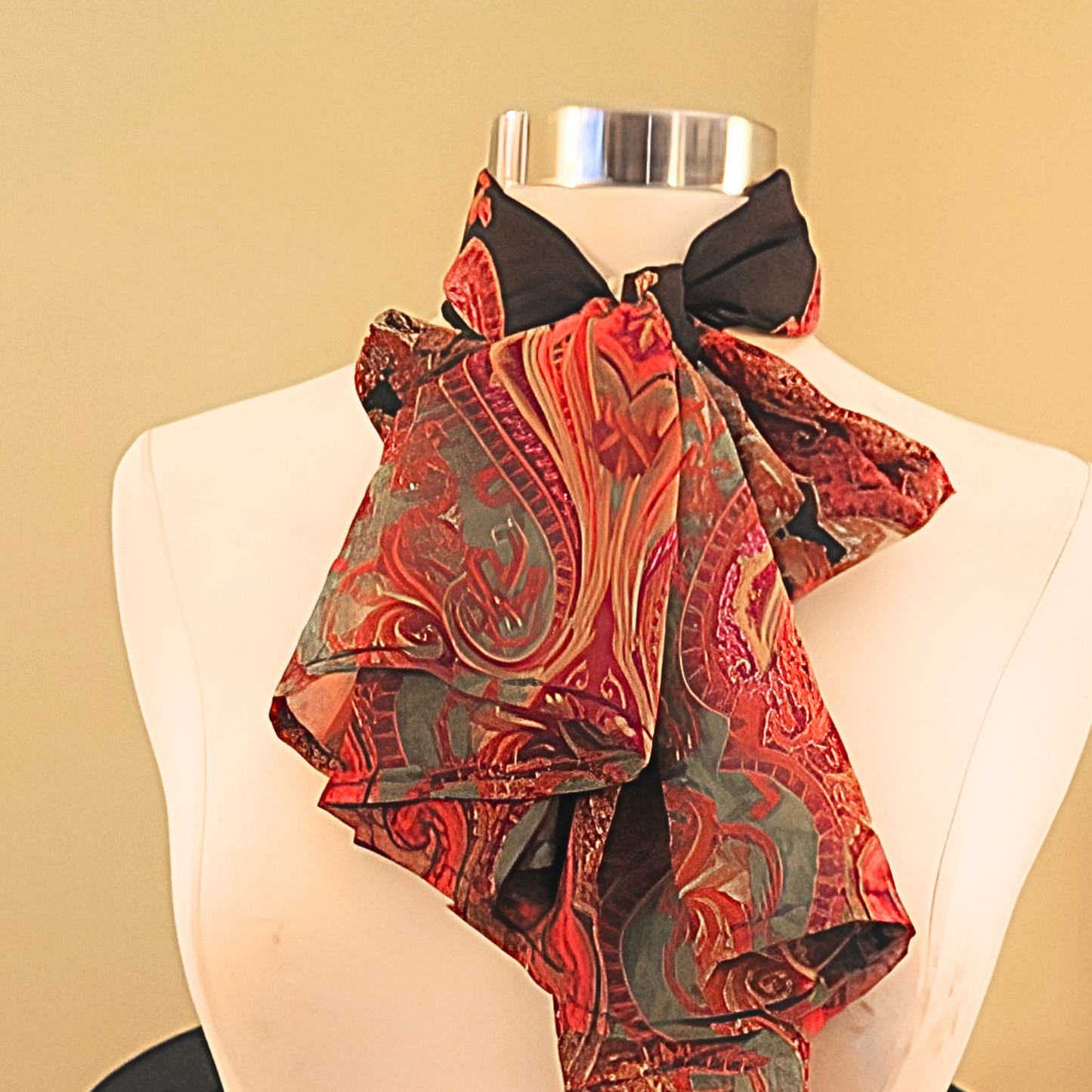 Women's Black Red Paisley Chiffon Scarf & Headband Set | Boho Art Nouveau Print | One Size Fits All Luxury Accessory Set