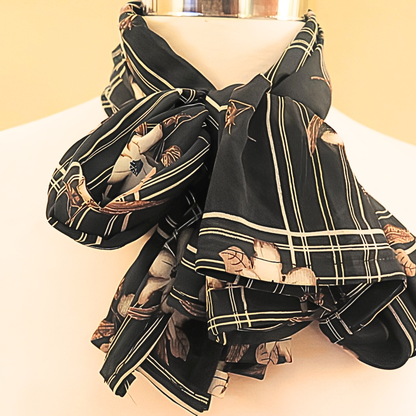 Women's Black Plaid Floral Chiffon Scarf & Headband Set | Elegant Magnolia Print | One Size Fits All Accessory Set