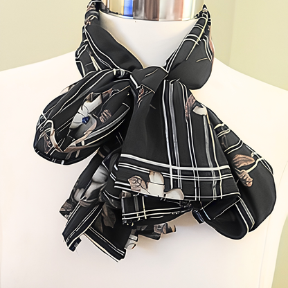 Women's Black Plaid Floral Chiffon Scarf & Headband Set | Elegant Magnolia Print | One Size Fits All Accessory Set