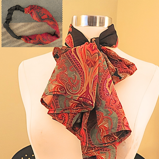 Women's Black Red Paisley Chiffon Scarf & Headband Set | Boho Art Nouveau Print | One Size Fits All Luxury Accessory Set