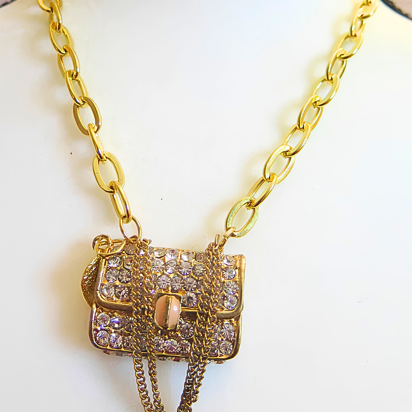 Gold Necklace with Sparkling Purse Pendant for Women