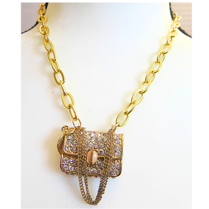 Gold Necklace with Sparkling Purse Pendant for Women