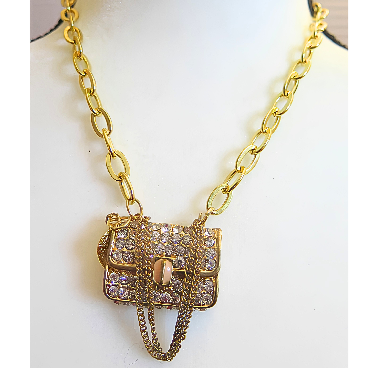 Gold Necklace with Sparkling Purse Pendant for Women