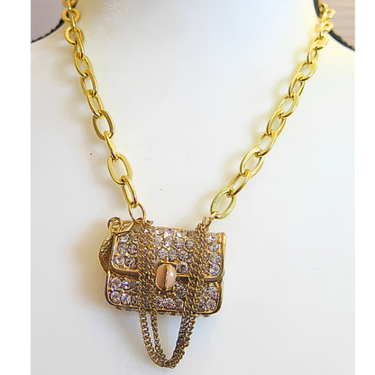 Gold Necklace with Sparkling Purse Pendant for Women