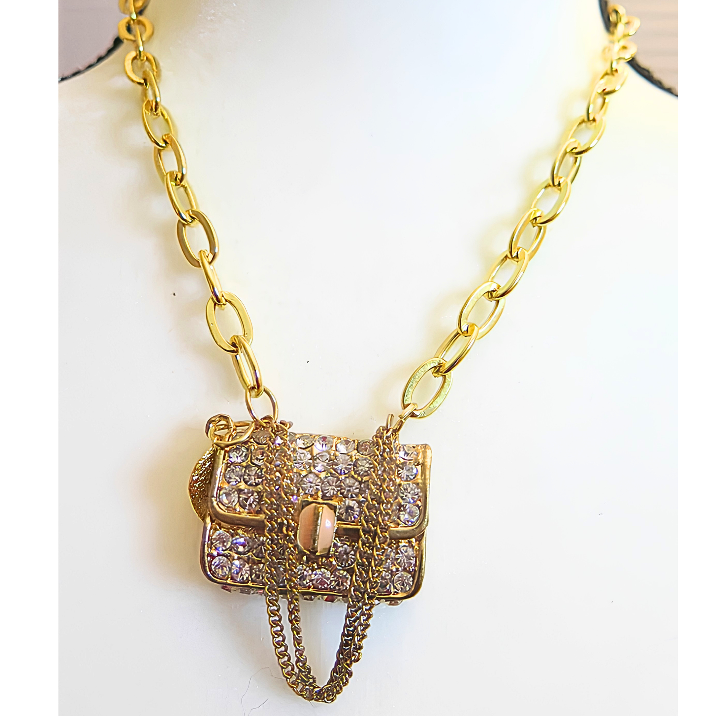 Gold Necklace with Sparkling Purse Pendant for Women