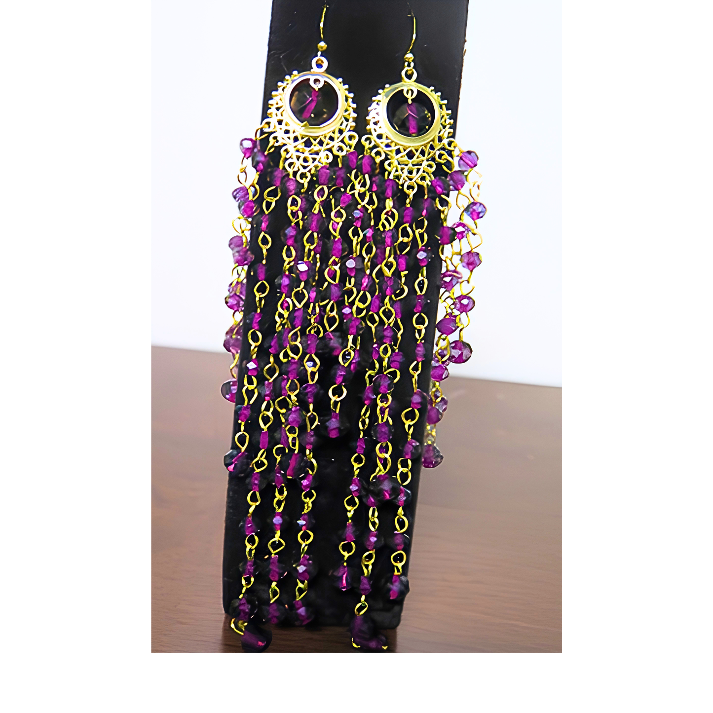 Magenta Purple Crystal Chandelier Earrings | 7" Handcrafted Gold Filigree Multi-Strand Bicone Bead Drop Earrings for Women & Special Events
