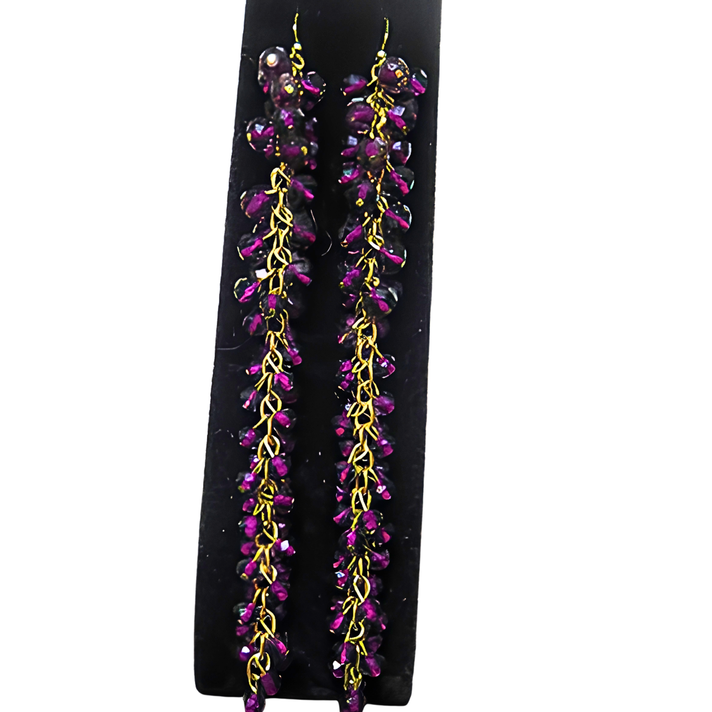 Deep Purple & Black Iridescent Crystal Cluster Drop Earrings | 7" Handcrafted Gold Wire Grape Cluster Bead Earrings for Women & Events