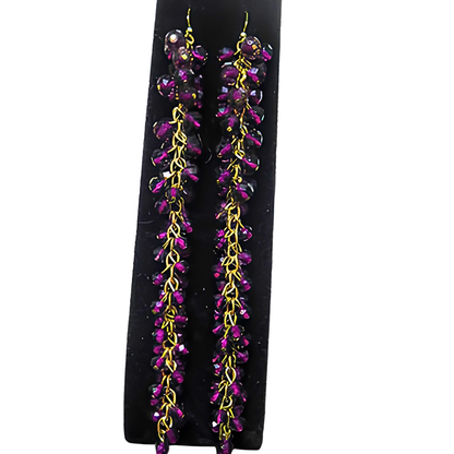Deep Purple & Black Iridescent Crystal Cluster Drop Earrings | 7" Handcrafted Gold Wire Grape Cluster Bead Earrings for Women & Events