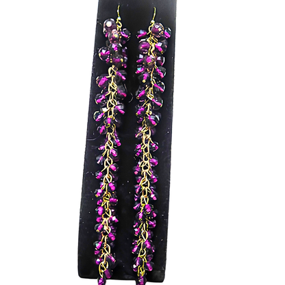 Deep Purple & Black Iridescent Crystal Cluster Drop Earrings | 7" Handcrafted Gold Wire Grape Cluster Bead Earrings for Women & Events