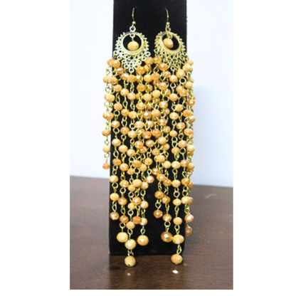 Champagne Peach Crystal Chandelier Earrings | 7" Handcrafted Gold Crescent Filigree Multi-Strand Bicone Bead Drop Earrings for Women