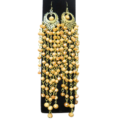 Champagne Peach Crystal Chandelier Earrings | 7" Handcrafted Gold Crescent Filigree Multi-Strand Bicone Bead Drop Earrings for Women