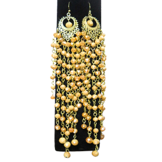 Champagne Peach Crystal Chandelier Earrings | 7" Handcrafted Gold Crescent Filigree Multi-Strand Bicone Bead Drop Earrings for Women