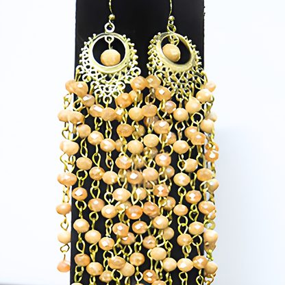 Champagne Peach Crystal Chandelier Earrings | 7" Handcrafted Gold Crescent Filigree Multi-Strand Bicone Bead Drop Earrings for Women