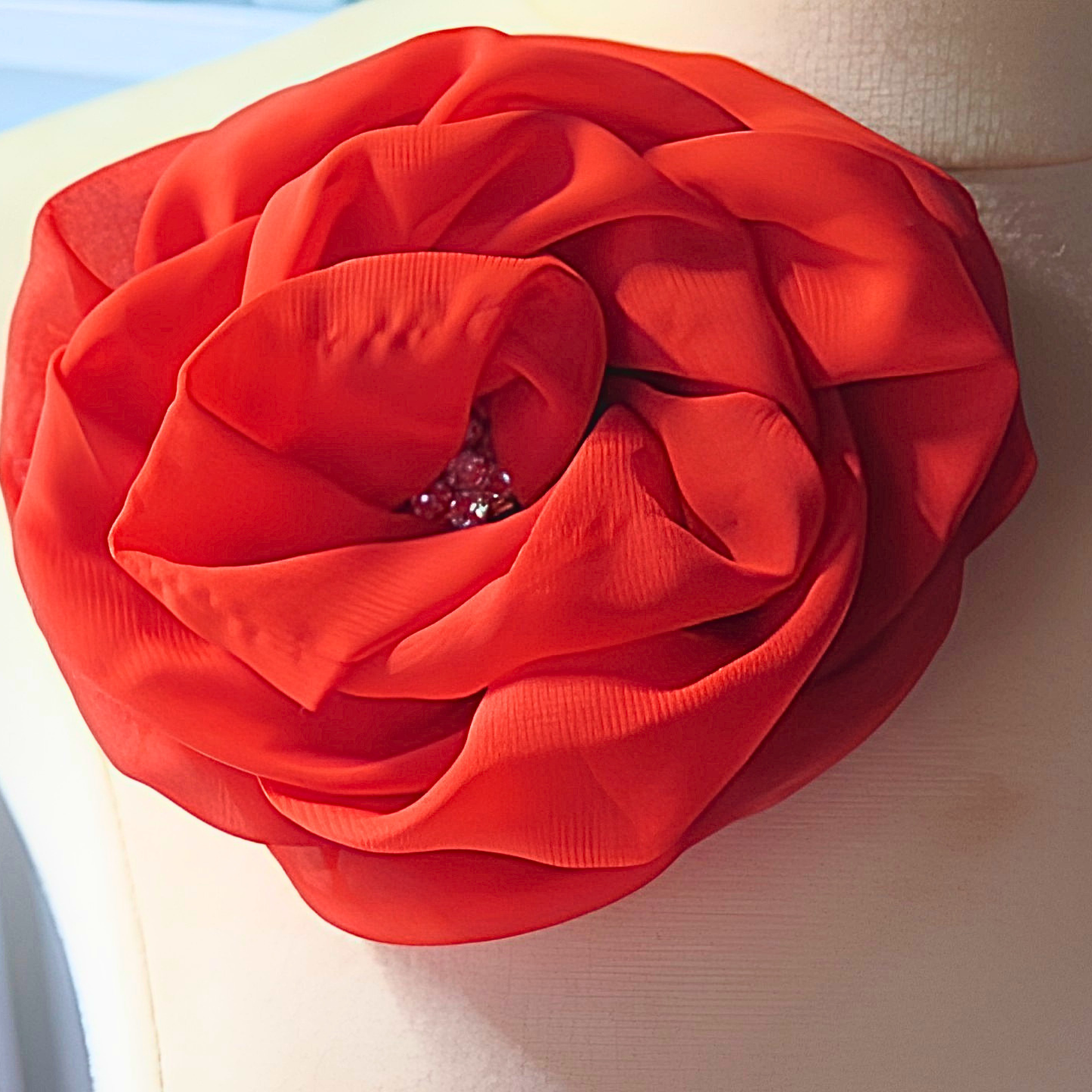 Red Chiffon Flower Brooch & Hair Clip | 5" Handcrafted Fabric Flower Pin with Crystal Rhinestone Center for Women, Church & Special Events