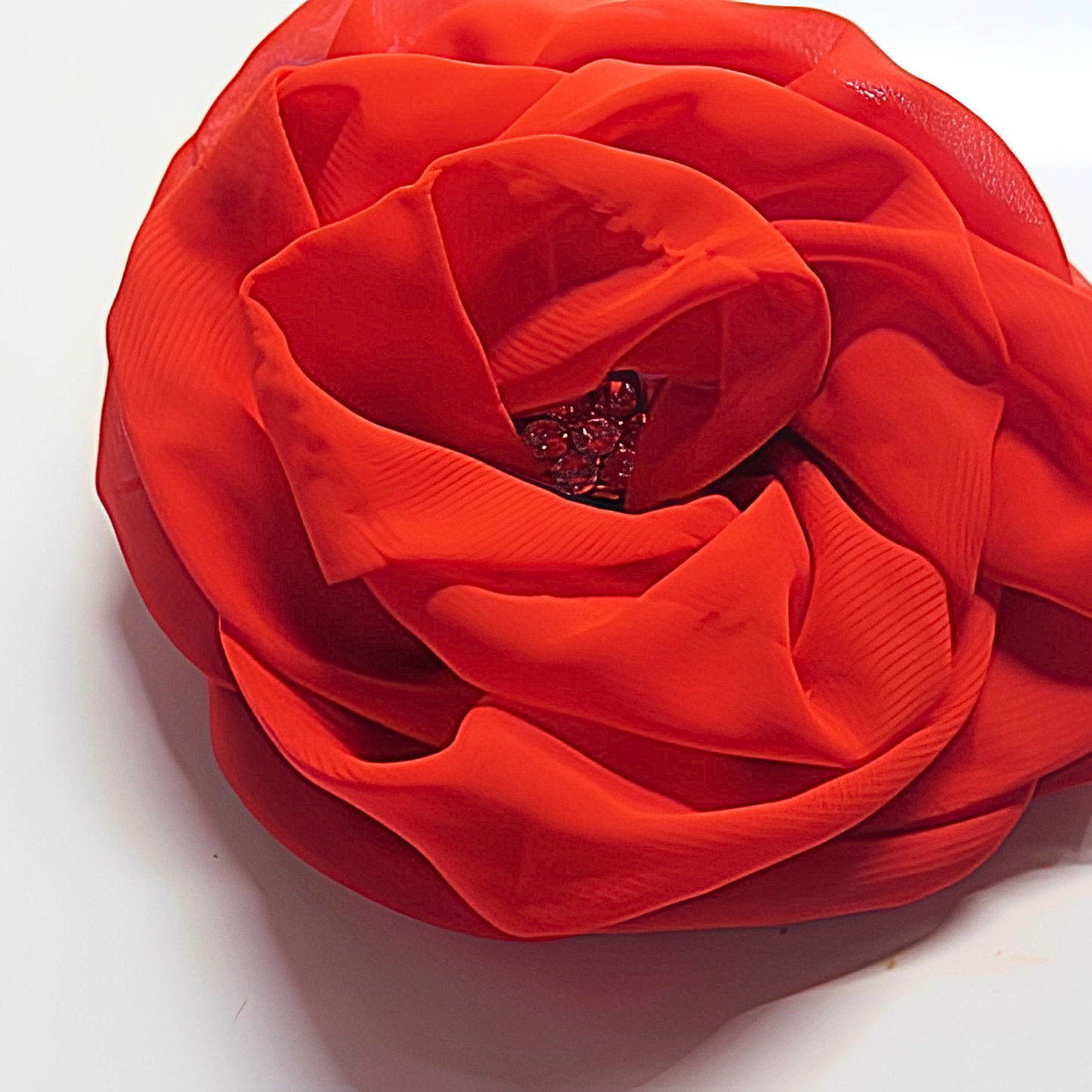 Red Chiffon Flower Brooch & Hair Clip | 5" Handcrafted Fabric Flower Pin with Crystal Rhinestone Center for Women, Church & Special Events