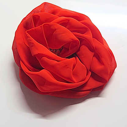 Red Chiffon Flower Brooch & Hair Clip | 5" Handcrafted Fabric Flower Pin with Crystal Rhinestone Center for Women, Church & Special Events