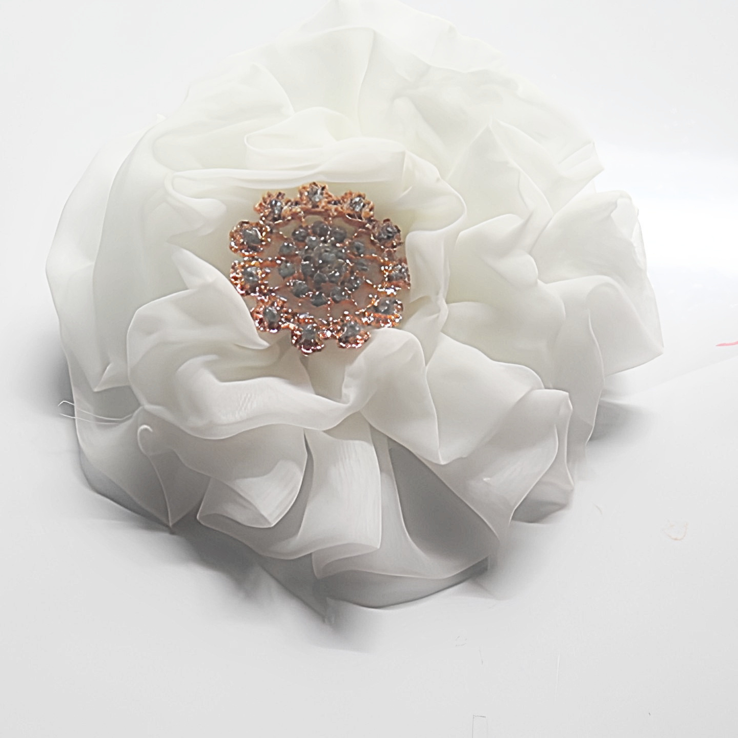 White Chiffon Flower Brooch & Hair Clip | 5" Handcrafted Fabric Flower Pin with Rose Gold Rhinestone Center for Brides, Church & Special Events
