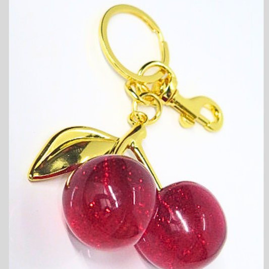 Red Glitter Cherry Bag Charm Keychain, Resin Sparkly Cherry Keychain with Gold Leaf, Cute Y2K Coquette Purse Accessory, Cherry Girl Aesthetic Bag Clip, Gift for Her