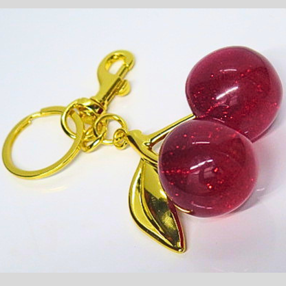 Red Glitter Cherry Bag Charm Keychain, Resin Sparkly Cherry Keychain with Gold Leaf, Cute Y2K Coquette Purse Accessory, Cherry Girl Aesthetic Bag Clip, Gift for Her