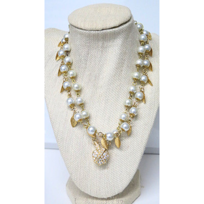 Pearl Leaf Necklace 17" Gold Wire Wrap Dangling Leaf Charms