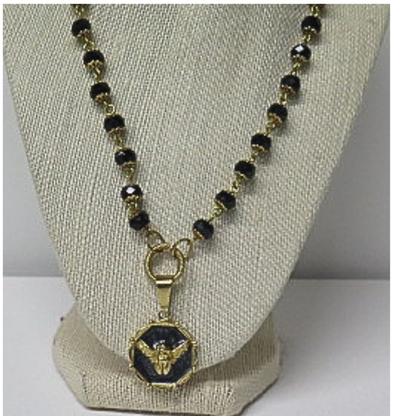 Black Beaded Angel Pendant Necklace | Vintage Style Gold Filigree Rosary Chain with Guardian Angel Medallion | 19 Inch Spiritual Statement Necklace for Women