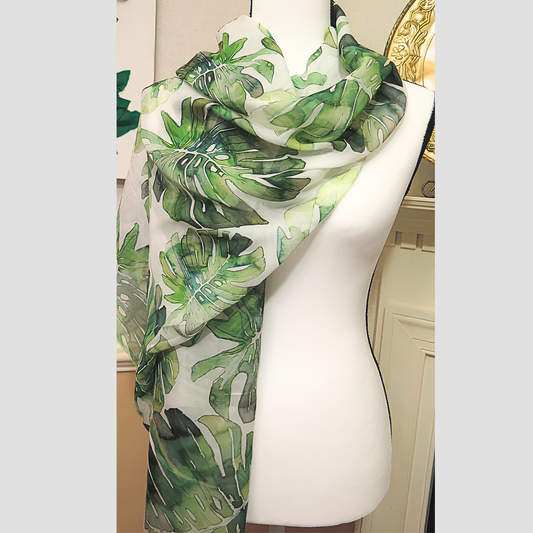 Handmade Green Leaf Print Scarf for Women