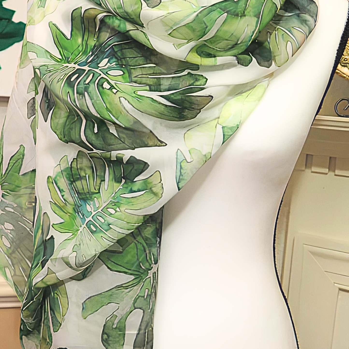 Handmade Green Leaf Print Scarf for Women