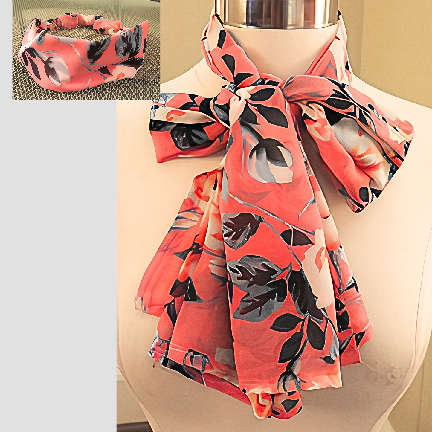Women's Coral Pink Floral Chiffon Scarf & Headband Set | Bold Bloom Print | One Size Fits All Spring Summer Accessory Set