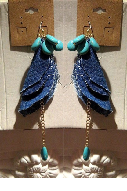 Denim Earring/ Denim Petals Earring With Turquoise Beads